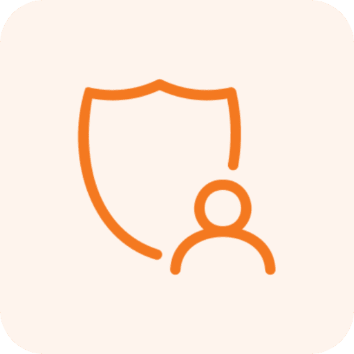 Orange shield and person icon on beige.