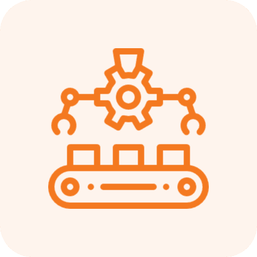 Orange factory automation icon with gear and conveyor.