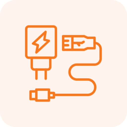 Charger and cable icon in orange outline.