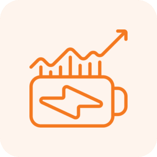 Battery and growth chart icon, upward trend.