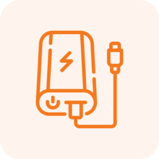 Orange power bank with charging cable icon.