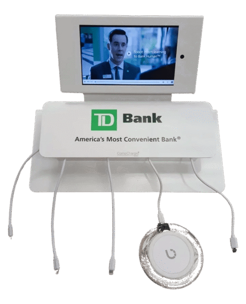 TD Bank charging station with promotional screen.