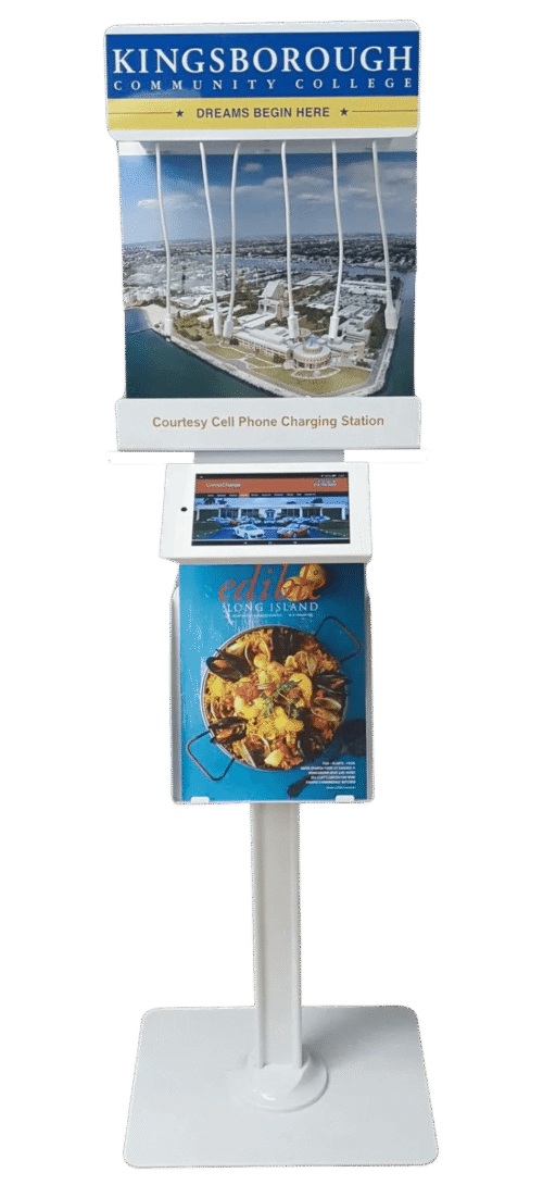 Cell phone charging station with college advertisement.