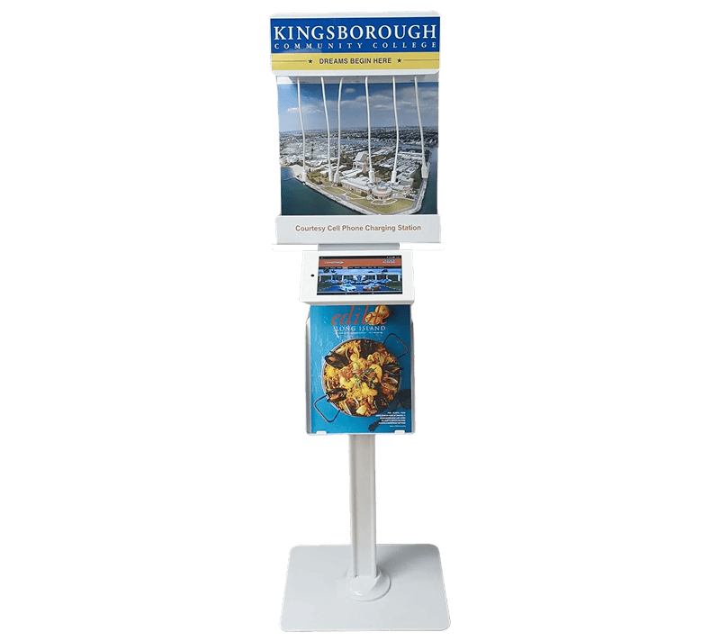 Charging station with college advertisement display.