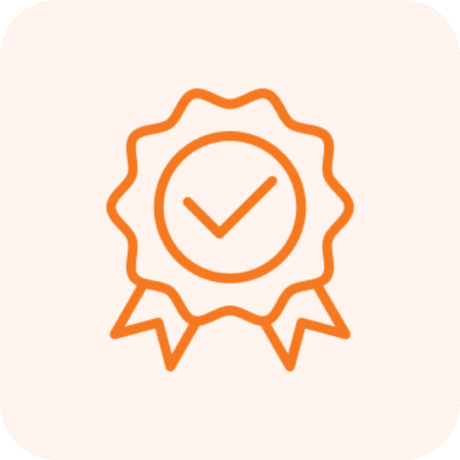 Certificate icon with checkmark in orange.