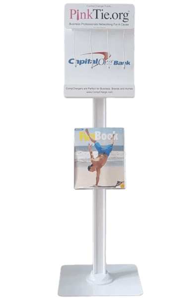 Brochure stand with magazine and logos.