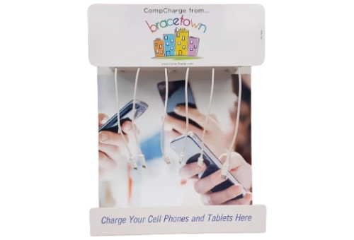 Phone charging station with multiple cables.