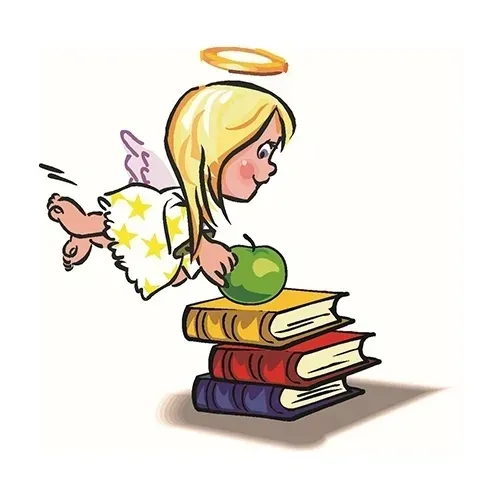 Cartoon angel on books with green apple.